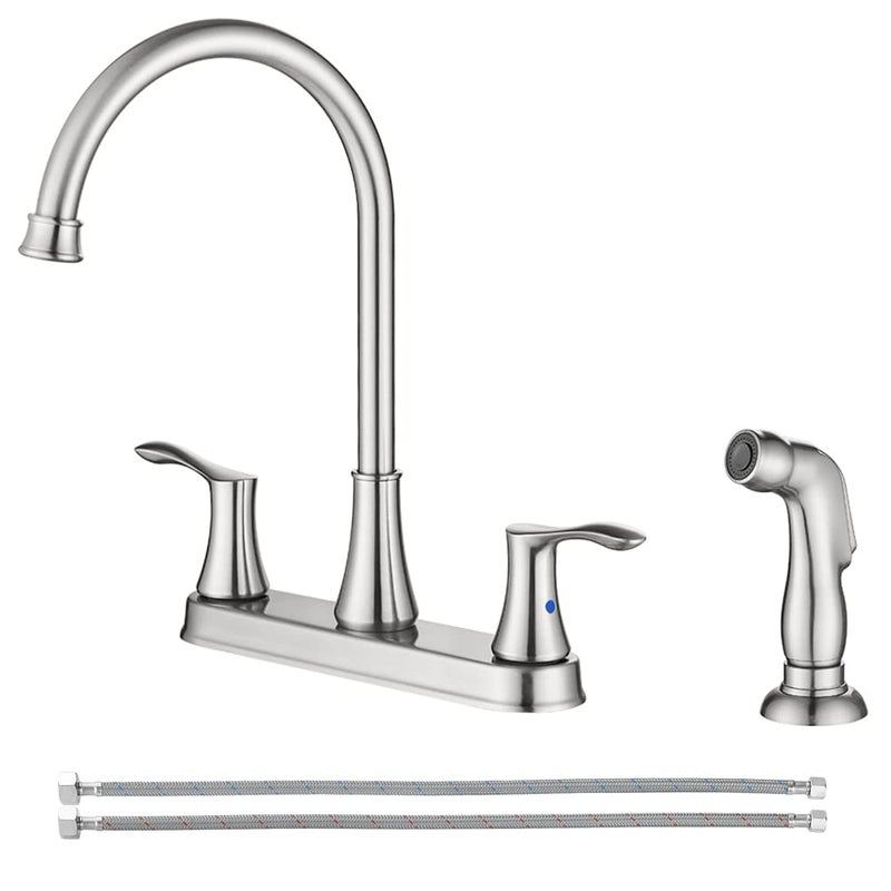PARLOS 8 Inch Two Handles High Arch Kitchen Sink Faucet with Side Sprayer & Supply Lines, Brushed Nickel, Demeter 14138 - Image 1